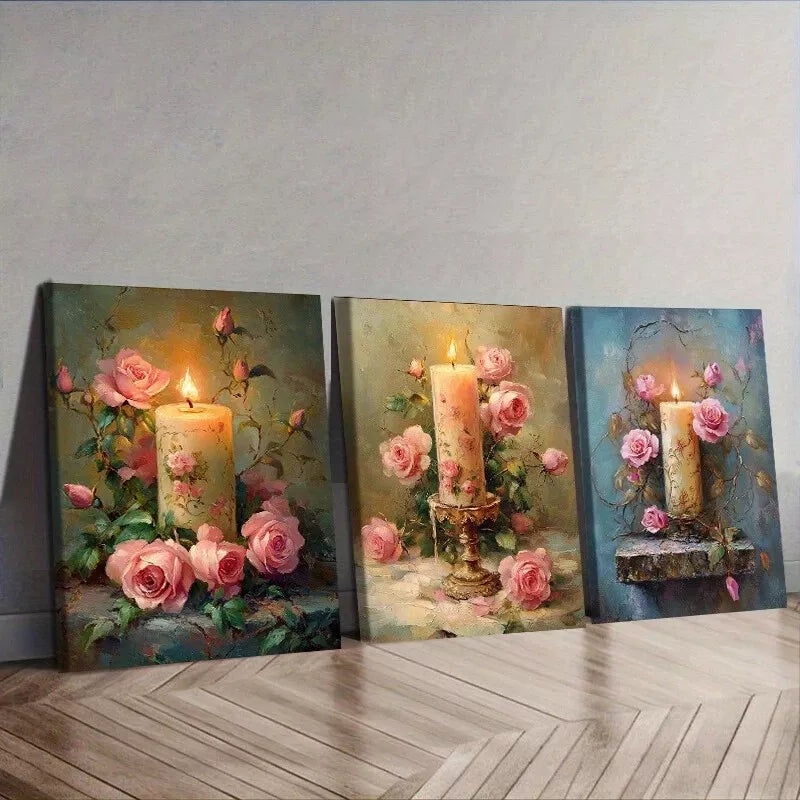 3pcs   Pink Roses & Candle  Wall Art Set Canvas Framed 40x60cm - High Quality Print 100% Australian Made Wall Canvas Ready to Hang