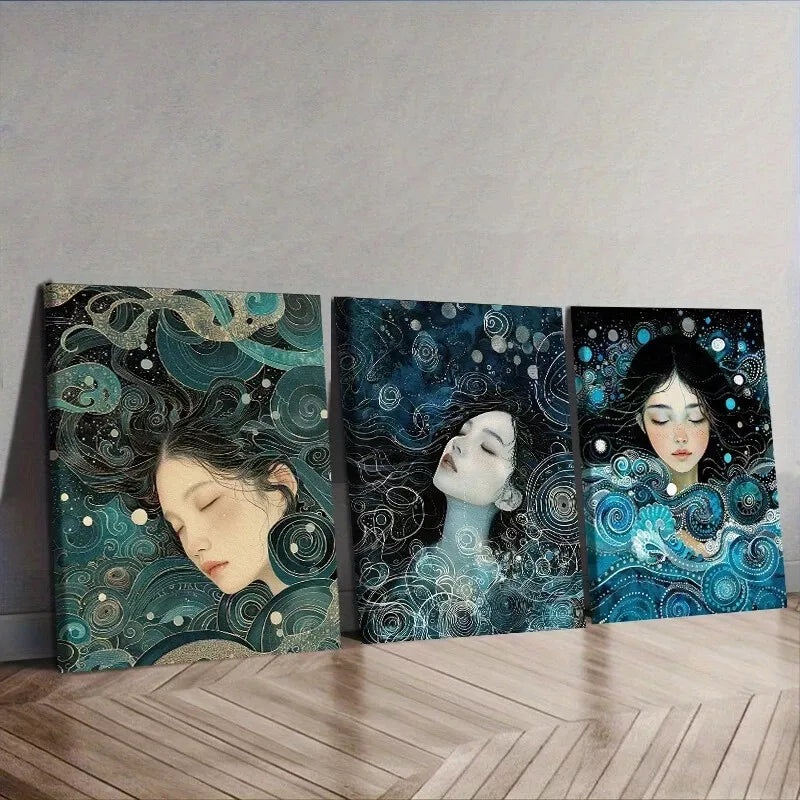 3pcs   Sea Goddess Art Deco Blue Background Wall Art Set Canvas Framed 40x60cm - High Quality Print 100% Australian Made Wall Canvas Ready to Hang