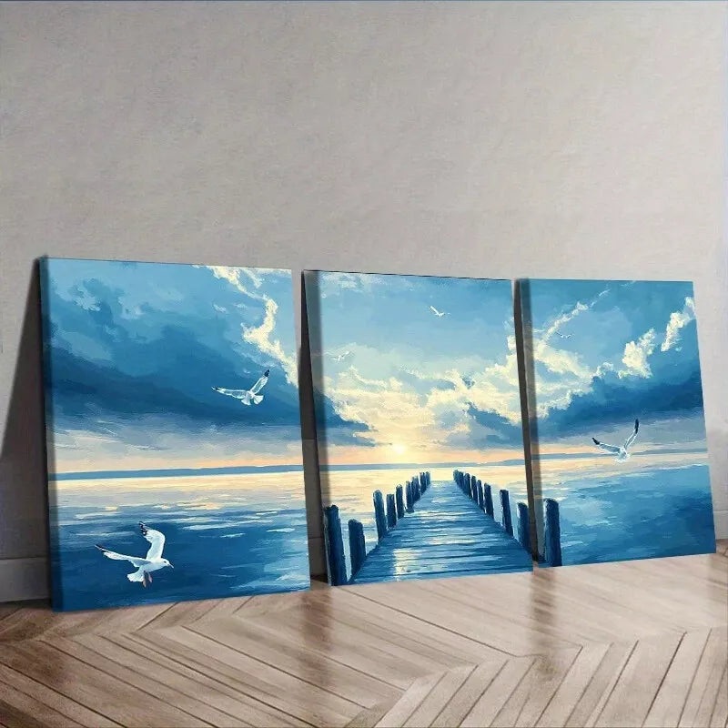 3pcs  Seagulls Over Harbor, Nature Wall Art Set Canvas Framed 40x60cm - High Quality Print 100% Australian Made Wall Canvas Ready to Hang