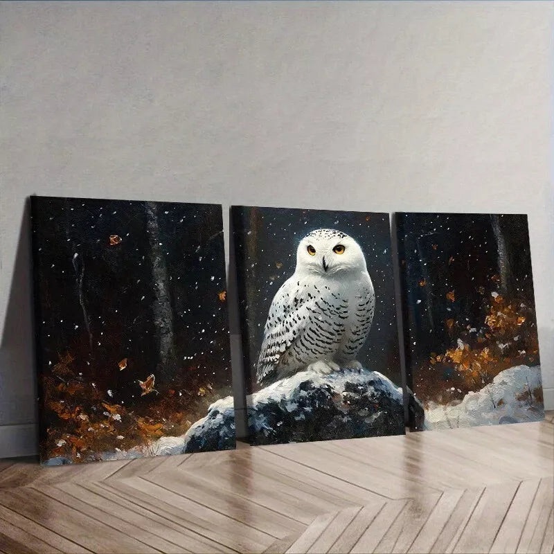 3pcs   Snowy Owl in Forest Wall Art Set Canvas Framed 40x60cm - High Quality Print 100% Australian Made Wall Canvas Ready to Hang