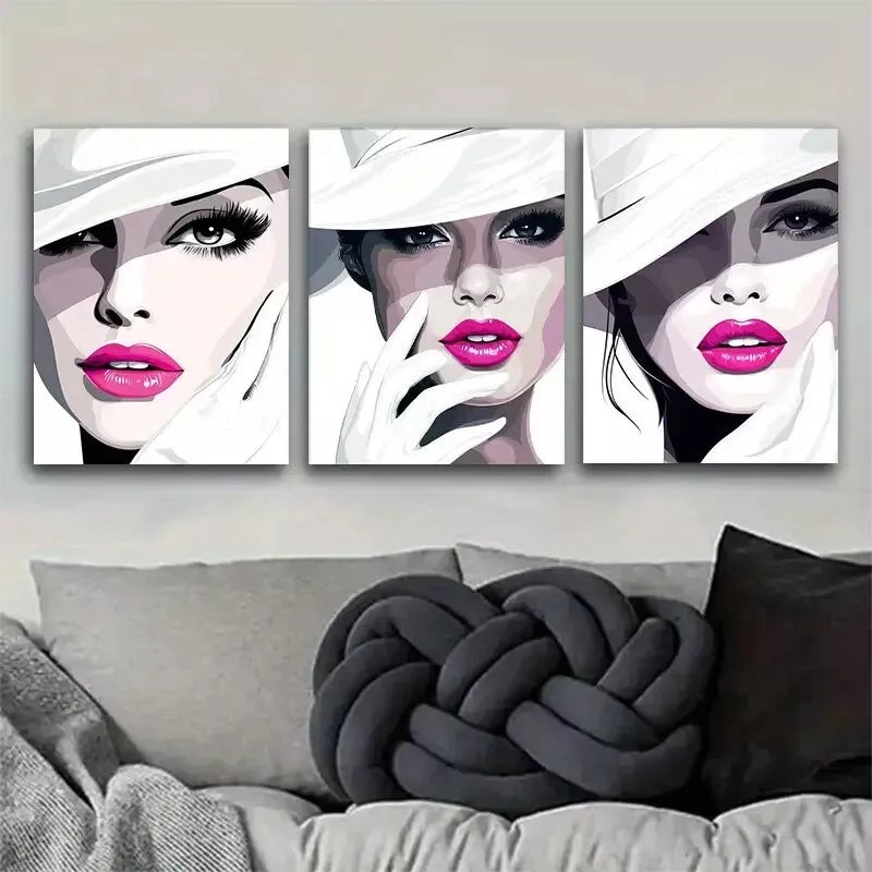 3pcs  Stylish Fashionista Faces Triptych Wall Art Set Canvas Framed 40x60cm - High Quality Print 100% Australian Made Wall Canvas Ready to Hang