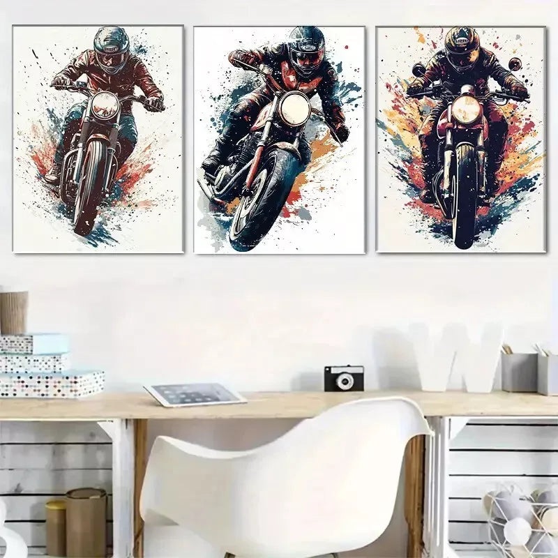 3pcs  Vibrant An Energetic Motorcycle Rider  Wall Art Set Canvas Framed 40x60cm - High Quality Print 100% Australian Made Wall Canvas Ready to Hang