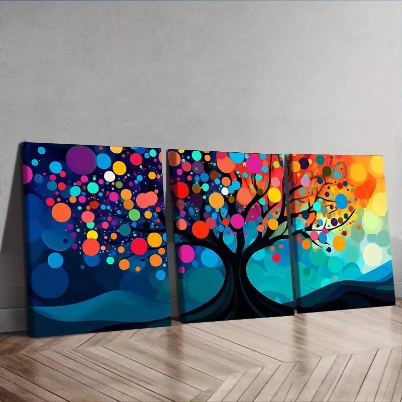 3pcs   Vibrant Tree with Circles & Dots Design Wall Art Set Canvas Framed 40x60cm - High Quality Print 100% Australian Made Wall Canvas Ready to Hang