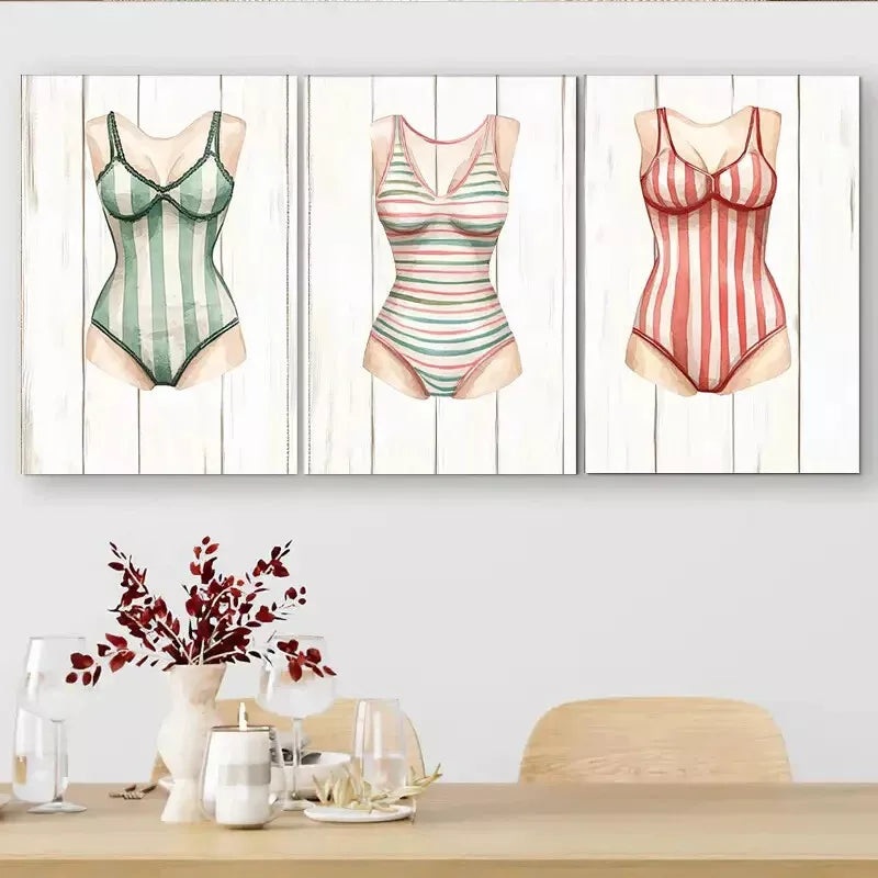 3pcs   Vintage - style Swimsuit Triptych Wall Art Set Canvas Framed 40x60cm - High Quality Print 100% Australian Made Wall Canvas Ready to Hang