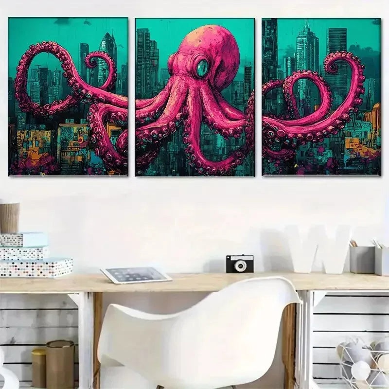 3pcs  vividly colored pink Urban Octopus Fantasy Wall Art Set Canvas Framed 40x60cm - High Quality Print 100% Australian Made Wall Canvas Ready to Hang