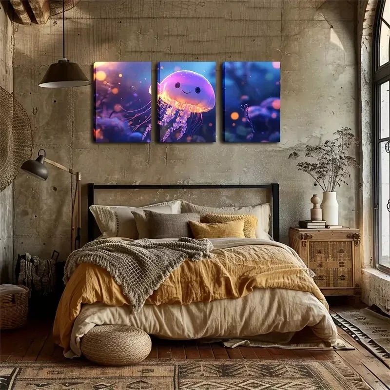 3pcs A Cute Magic Jellyfish  Wall Art Set Canvas Framed 40x60cm - High Quality Print 100% Australian Made Wall Canvas Ready to Hang