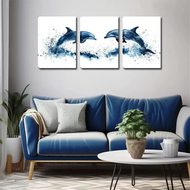 3pcs A Dolphin Couple, Paint Wall Art Set Canvas Framed 40x60cm - High Quality Print 100% Australian Made Wall Canvas Ready to Hang