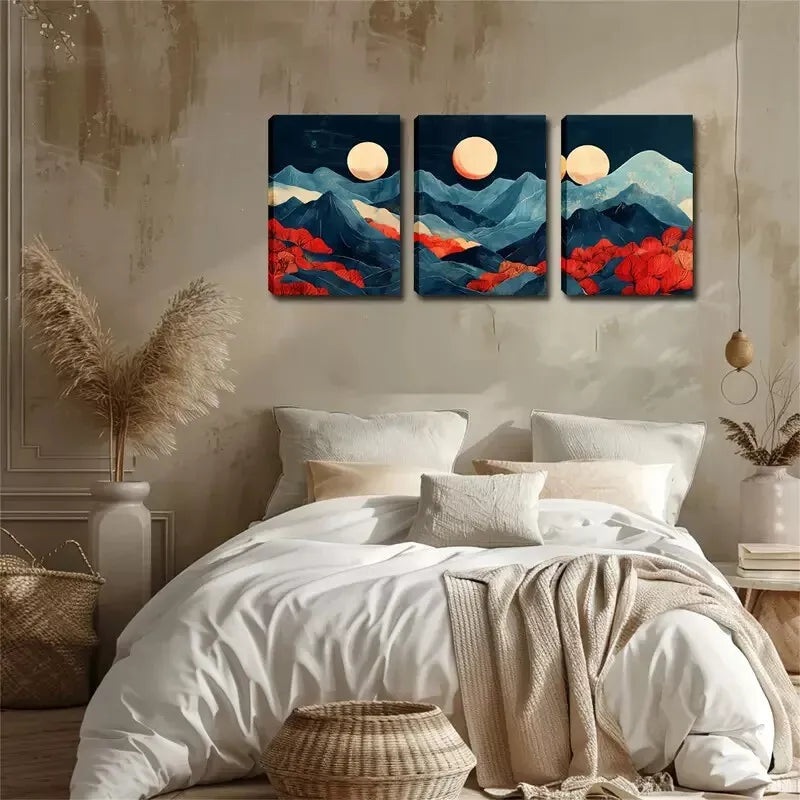 3pcs  Abstract Mountain, 3 Moon Wall Art Set Canvas Framed 40x60cm - High Quality Print 100% Australian Made Wall Canvas Ready to Hang