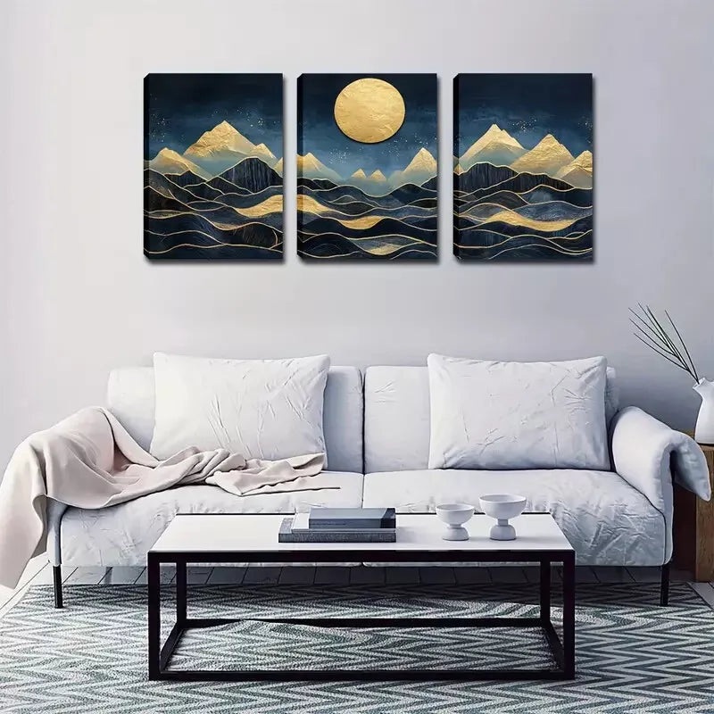 3pcs Abstract Mountain Moon Landscape Wall Art Set Canvas Framed 40x60cm - High Quality Print 100% Australian Made Wall Canvas Ready to Hang