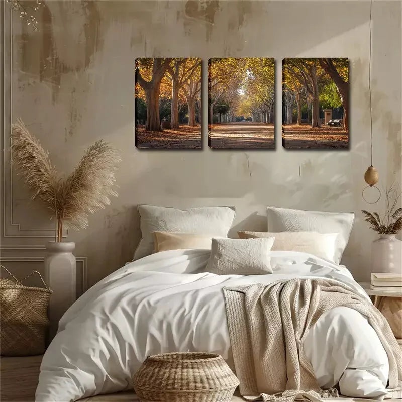 3pcs  Autumn Road On Both Sides Of Trees   Wall Art Set Canvas Framed 40x60cm - High Quality Print 100% Australian Made Wall Canvas Ready to Hang