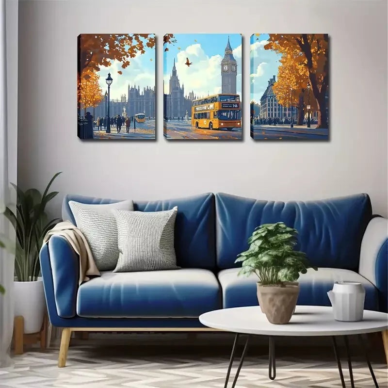 3pcs Autumn Romance, London Street Wall Art Set Canvas Framed 40x60cm - High Quality Print 100% Australian Made Wall Canvas Ready to Hang