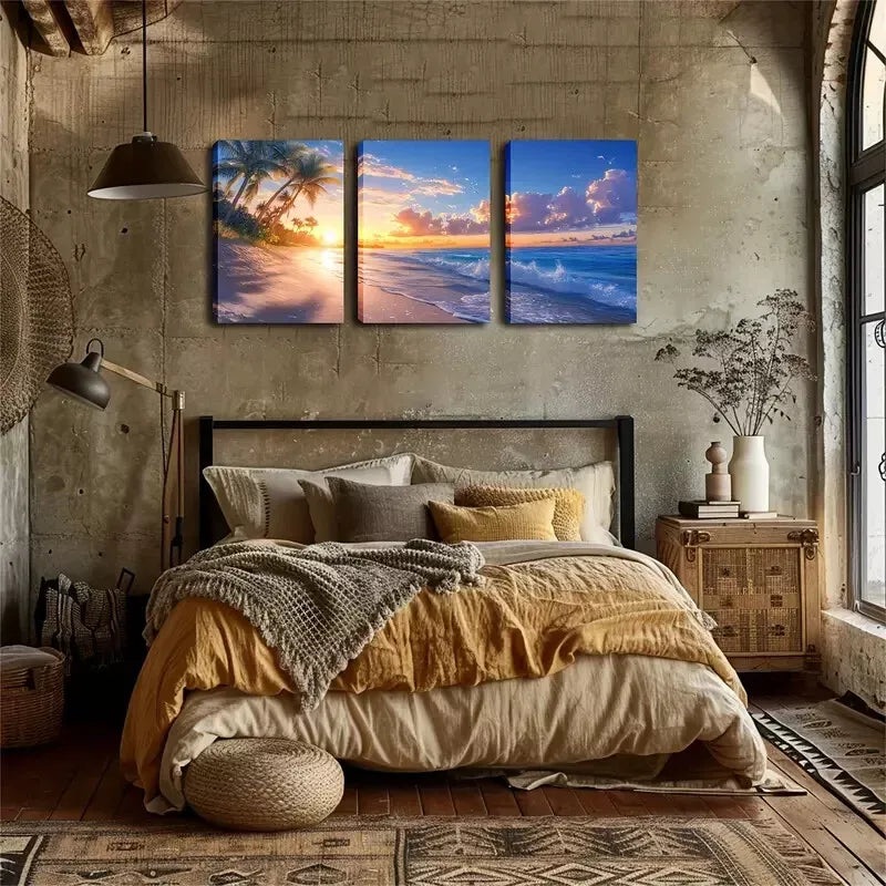 3pcs Beach And Sunrise, Paint   Wall Art Set Canvas Framed 40x60cm - High Quality Print 100% Australian Made Wall Canvas Ready to Hang