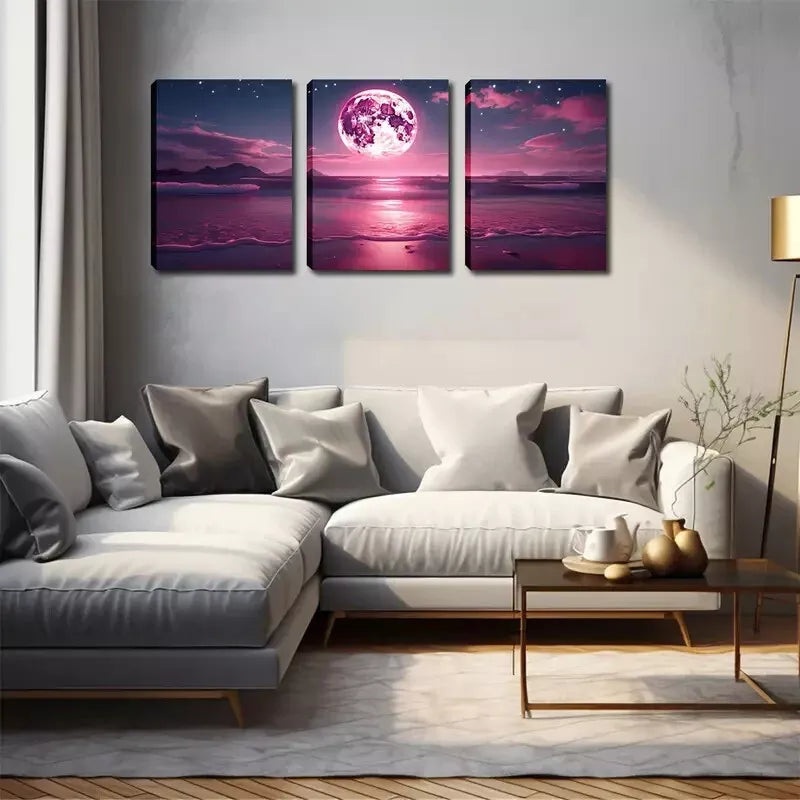 3pcs Beautiful Art, Fuchsia Moon Wall Art Set Canvas Framed 40x60cm - High Quality Print 100% Australian Made Wall Canvas Ready to Hang
