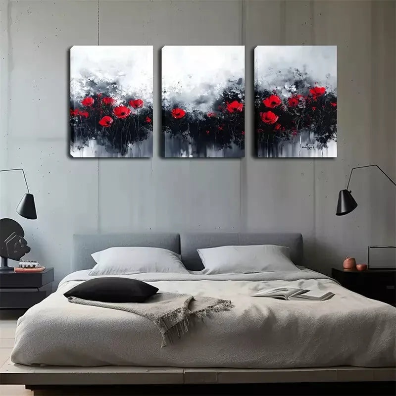 3pcs Black And White Background, Red Flowers Wall Art Set Canvas Framed 40x60cm - High Quality Print 100% Australian Made Wall Canvas Ready to Hang