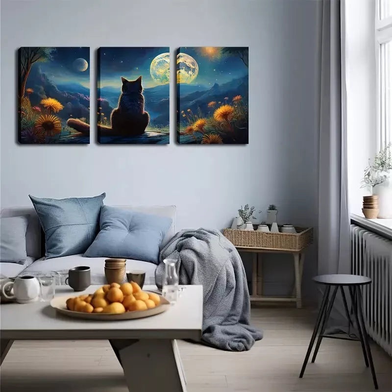3pcs Black Cat Back, Moon, Wall Art Set Canvas Framed 40x60cm - High Quality Print 100% Australian Made Wall Canvas Ready to Hang