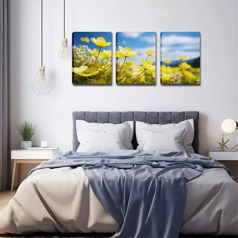 3pcs  Blooming Small Yellow Flowers Wall Art Set Canvas Framed 40x60cm - High Quality Print 100% Australian Made Wall Canvas Ready to Hang