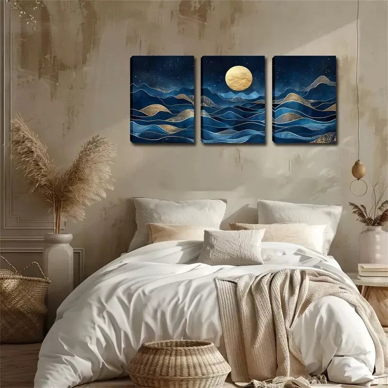 3pcs  Blue Abstract Mountain And Moon Wall Art Set Canvas Framed 40x60cm - High Quality Print 100% Australian Made Wall Canvas Ready to Hang