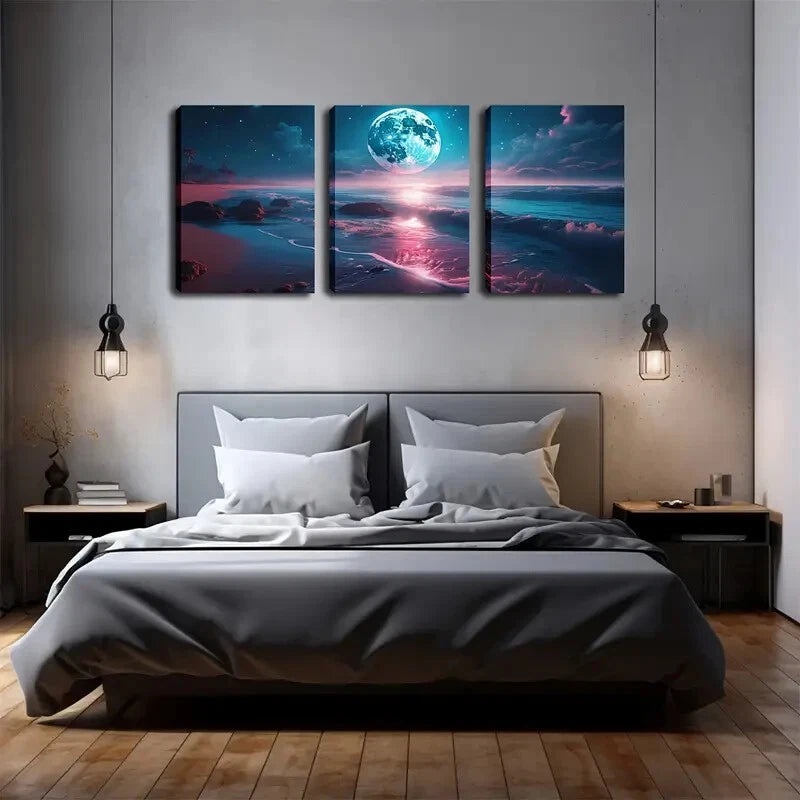 3pcs  Bright Big Moon, Beach Wall Art Set Canvas Framed 40x60cm - High Quality Print 100% Australian Made Wall Canvas Ready to Hang