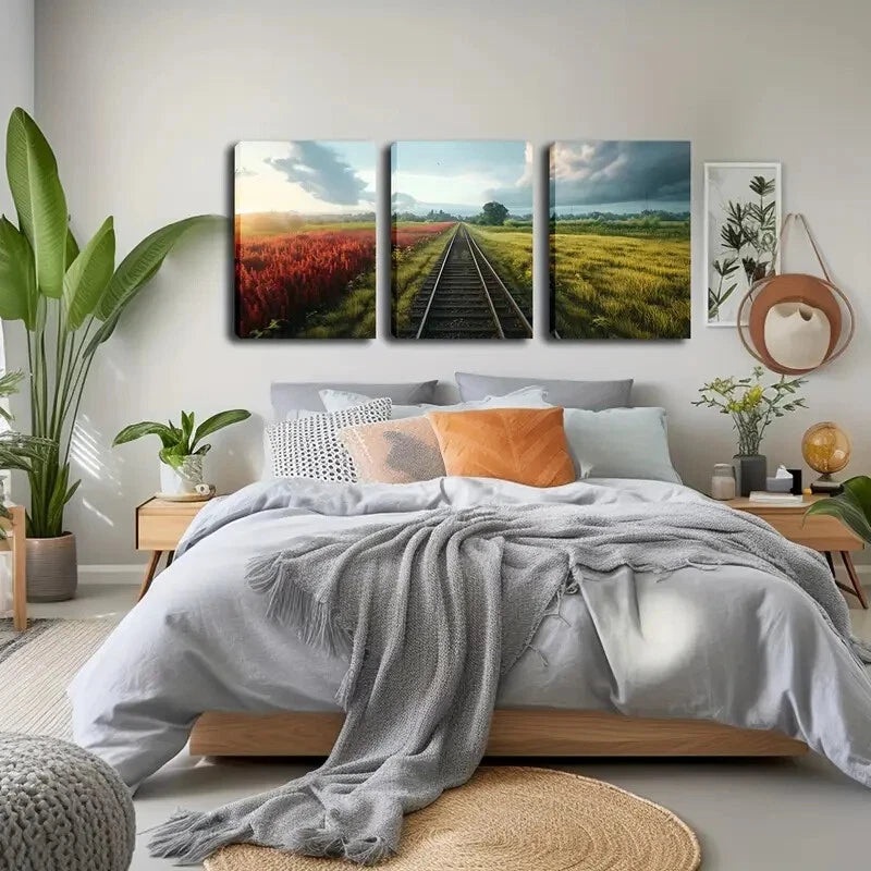 3pcs Charming Autumn Train Tracks Landscape Wall Art Set Canvas Framed 40x60cm - High Quality Print 100% Australian Made Wall Canvas Ready to Hang