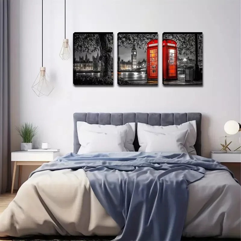 3pcs  City Road Phone Booth At Night Wall Art Set Canvas Framed 40x60cm - High Quality Print 100% Australian Made Wall Canvas Ready to Hang