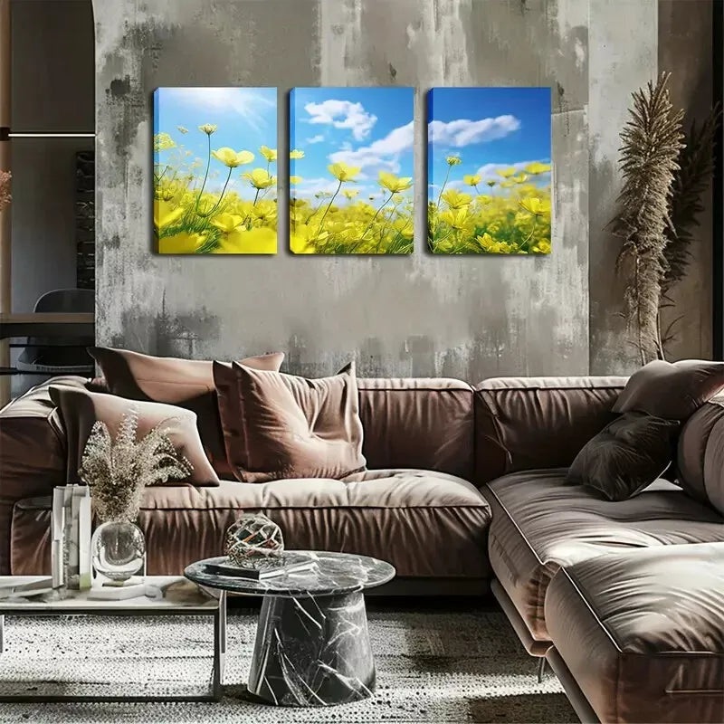 3pcs Clear Sky, Yellow Flowers Wall Art Set Canvas Framed 40x60cm - High Quality Print 100% Australian Made Wall Canvas Ready to Hang