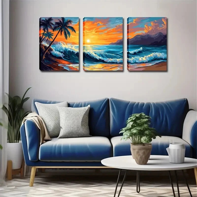 3pcs Coastal Landscape with Palm Trees & Ocean , Wall Art Set Canvas Framed 40x60cm - High Quality Print 100% Australian Made Wall Canvas Ready to Hang