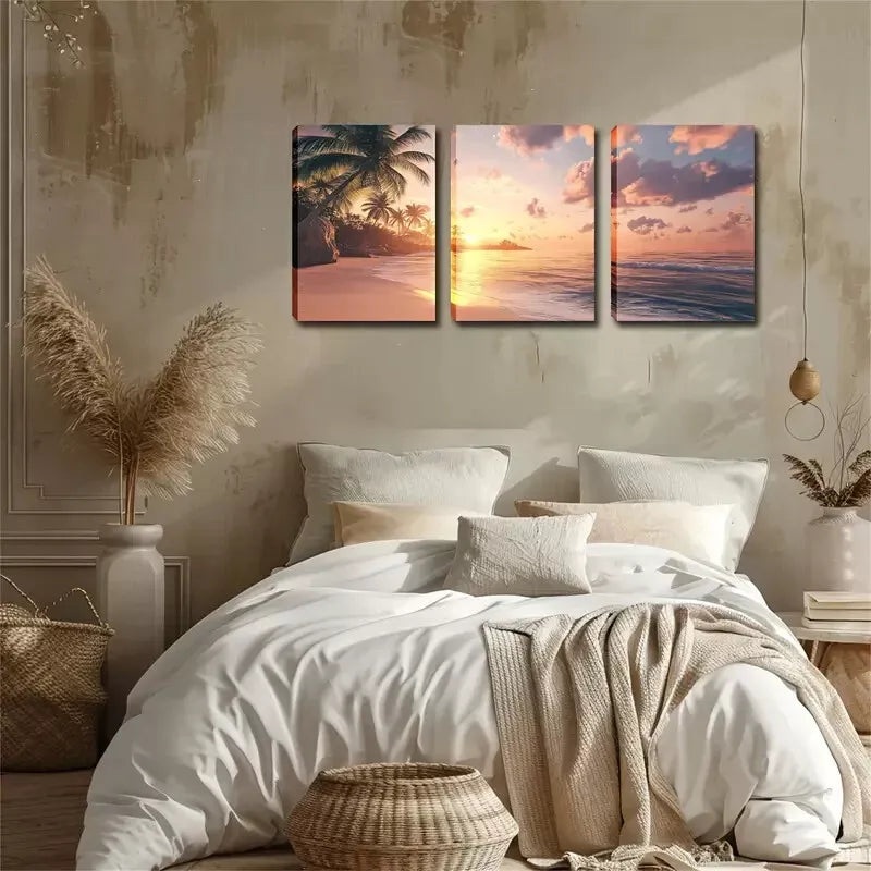 3pcs Coastal Sunset with Coconut Trees Wall Art Set Canvas Framed 40x60cm - High Quality Print 100% Australian Made Wall Canvas Ready to Hang