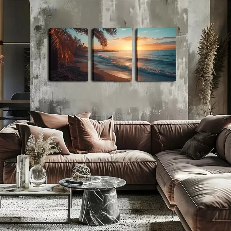 3pcs Coconut Trees & Ocean Waves Wall Art Set Canvas Framed 40x60cm - High Quality Print 100% Australian Made Wall Canvas Ready to Hang