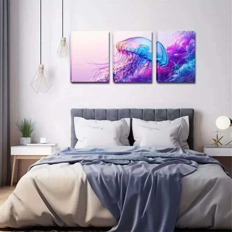 3pcs Colorful, Elf-Clear Jellyfish, Pigment  Wall Art Set Canvas Framed 40x60cm - High Quality Print 100% Australian Made Wall Canvas Ready to Hang