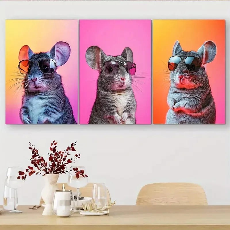 3pcs Cool Chinchilla in Glasses Triptych Wall Art Set Canvas Framed 40x60cm - High Quality Print 100% Australian Made Wall Canvas Ready to Hang