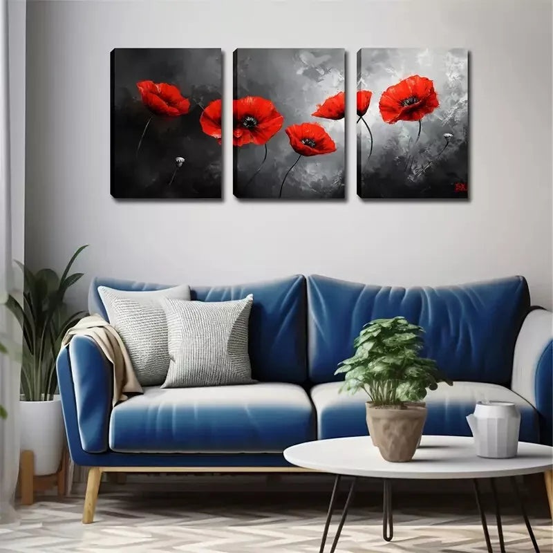 3pcs  Deep Red Flowers Wall Art Set Canvas Framed 40x60cm - High Quality Print 100% Australian Made Wall Canvas Ready to Hang