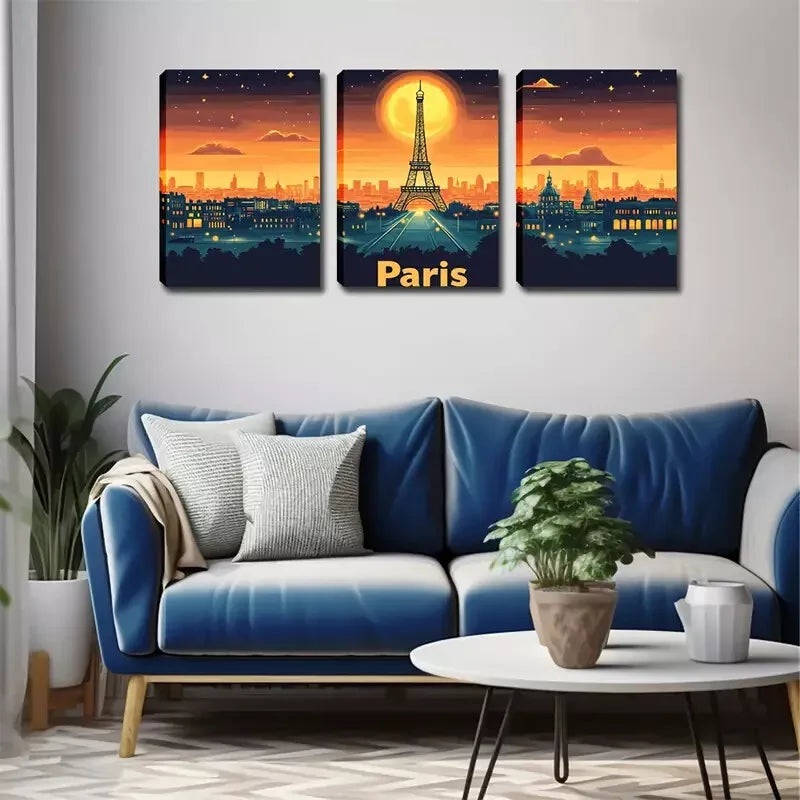 3pcs  Eiffel Tower at Dusk Wall Art Set Canvas Framed 40x60cm - High Quality Print 100% Australian Made Wall Canvas Ready to Hang