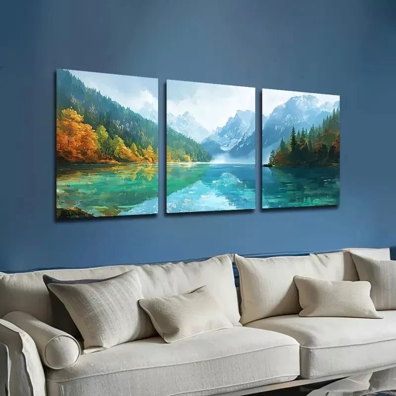 3pcs Featuring Green Lakes And Mountains  Wall Art Set Canvas Framed 40x60cm - High Quality Print 100% Australian Made Wall Canvas Ready to Hang