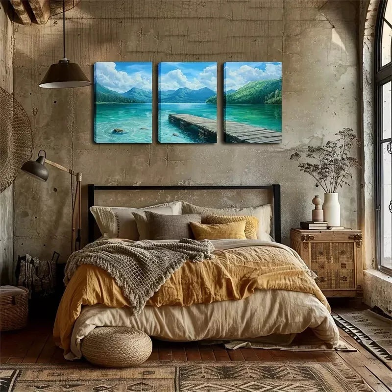 3pcs  Green Lake And Wooden Bridge, Wall Art Set Canvas Framed 40x60cm - High Quality Print 100% Australian Made Wall Canvas Ready to Hang