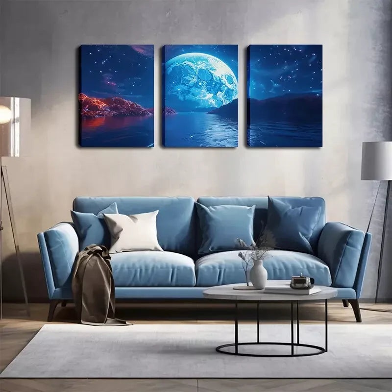 3pcs  Large Moon On The Sea Level   Wall Art Set Canvas Framed 40x60cm - High Quality Print 100% Australian Made Wall Canvas Ready to Hang