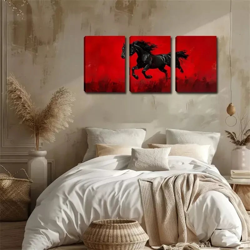 3pcs  Red Background, Black Horse   Wall Art Set Canvas Framed 40x60cm - High Quality Print 100% Australian Made Wall Canvas Ready to Hang
