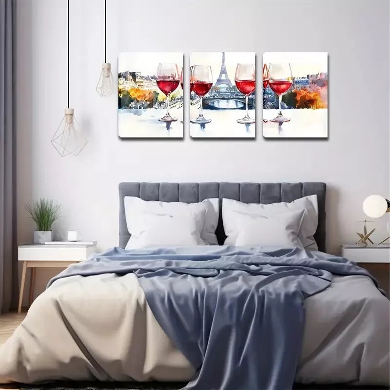 3pcs  Red Wine, Paris Tower, Decorations  Wall Art Set Canvas Framed 40x60cm - High Quality Print 100% Australian Made Wall Canvas Ready to Hang