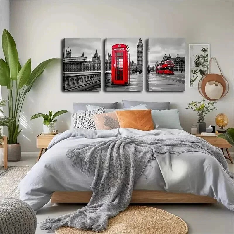 3pcs   Refreshing, Red Phone Booth And Bus,   Wall Art Set Canvas Framed 40x60cm - High Quality Print 100% Australian Made Wall Canvas Ready to Hang