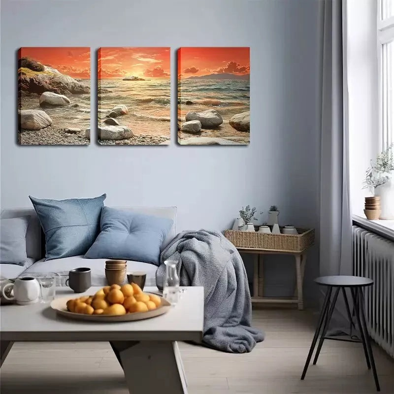 3pcs  Refreshing, Seaside Stone, Red Sky  Wall Art Set Canvas Framed 40x60cm - High Quality Print 100% Australian Made Wall Canvas Ready to Hang