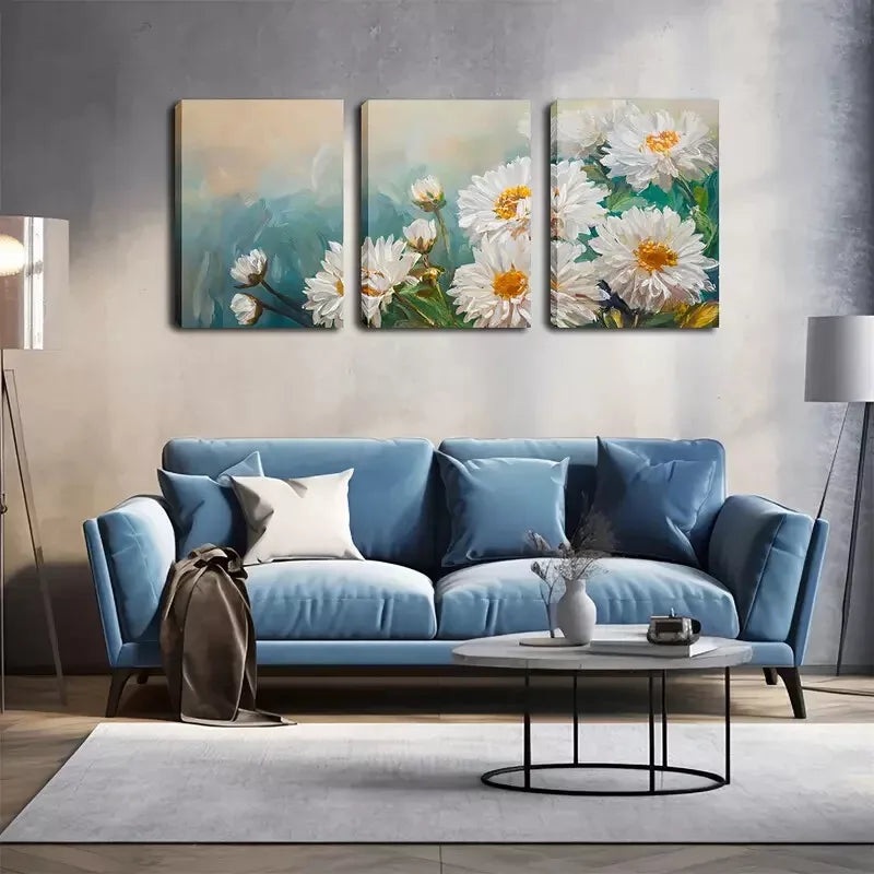 3pcs  Romantic White Chrysanthemum In The Wild Wall Art Set Canvas Framed 40x60cm - High Quality Print 100% Australian Made Wall Canvas Ready to Hang