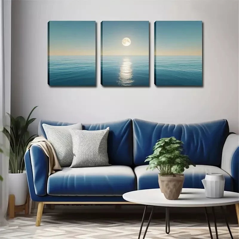 3pcs  Round Moon On The Sea Level Wall Art Set Canvas Framed 40x60cm - High Quality Print 100% Australian Made Wall Canvas Ready to Hang