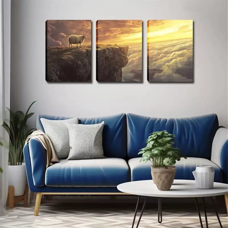 3pcs   Sheep on Cliff, Wall Art Set Canvas Framed 40x60cm - High Quality Print 100% Australian Made Wall Canvas Ready to Hang