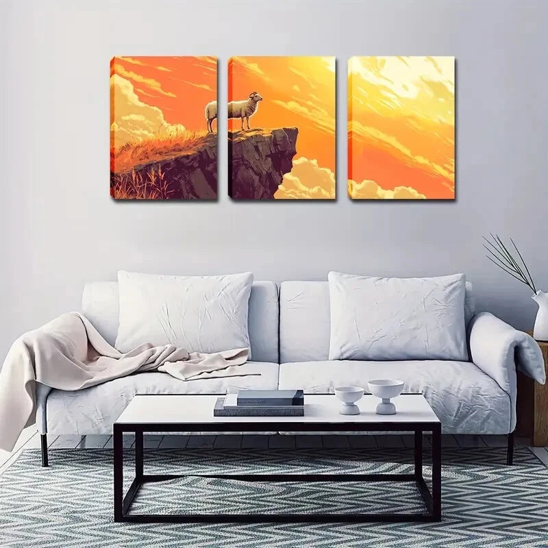 3pcs  Sheep Standing on a Cliff ,  Wall Art Set Canvas Framed 40x60cm - High Quality Print 100% Australian Made Wall Canvas Ready to Hang
