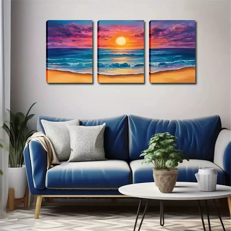 3pcs  Stunning Sun On The Sea  Wall Art Set Canvas Framed 40x60cm - High Quality Print 100% Australian Made Wall Canvas Ready to Hang