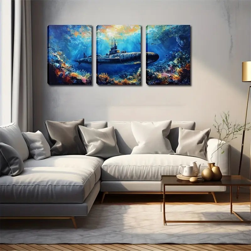 3pcs  Submarine in Deep Sea Wall Art Set Canvas Framed 40x60cm - High Quality Print 100% Australian Made Wall Canvas Ready to Hang