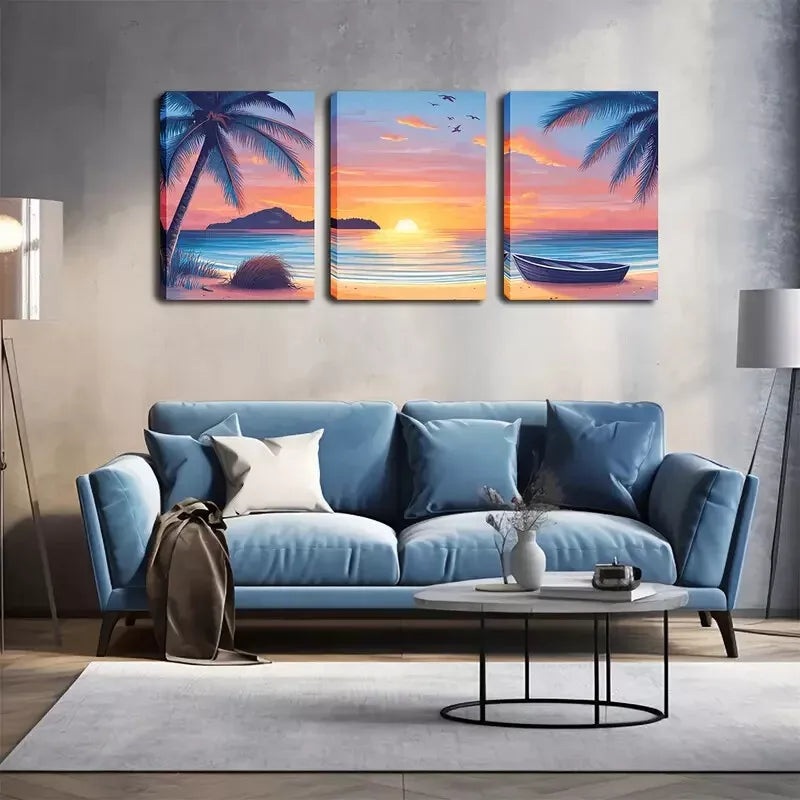 3pcs  Sunset, A Boat On The Beach Wall Art Set Canvas Framed 40x60cm - High Quality Print 100% Australian Made Wall Canvas Ready to Hang