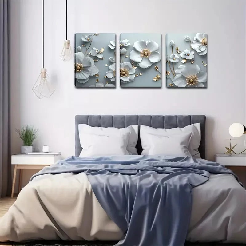 3pcs  Three-Dimensional, White Flowers Wall Art Set Canvas Framed 40x60cm - High Quality Print 100% Australian Made Wall Canvas Ready to Hang