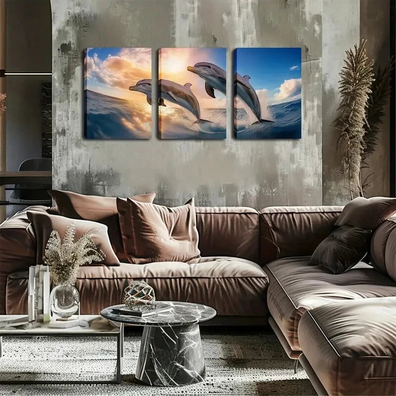 3pcs  Two Dream Dolphins Wall Art Set Canvas Framed 40x60cm - High Quality Print 100% Australian Made Wall Canvas Ready to Hang