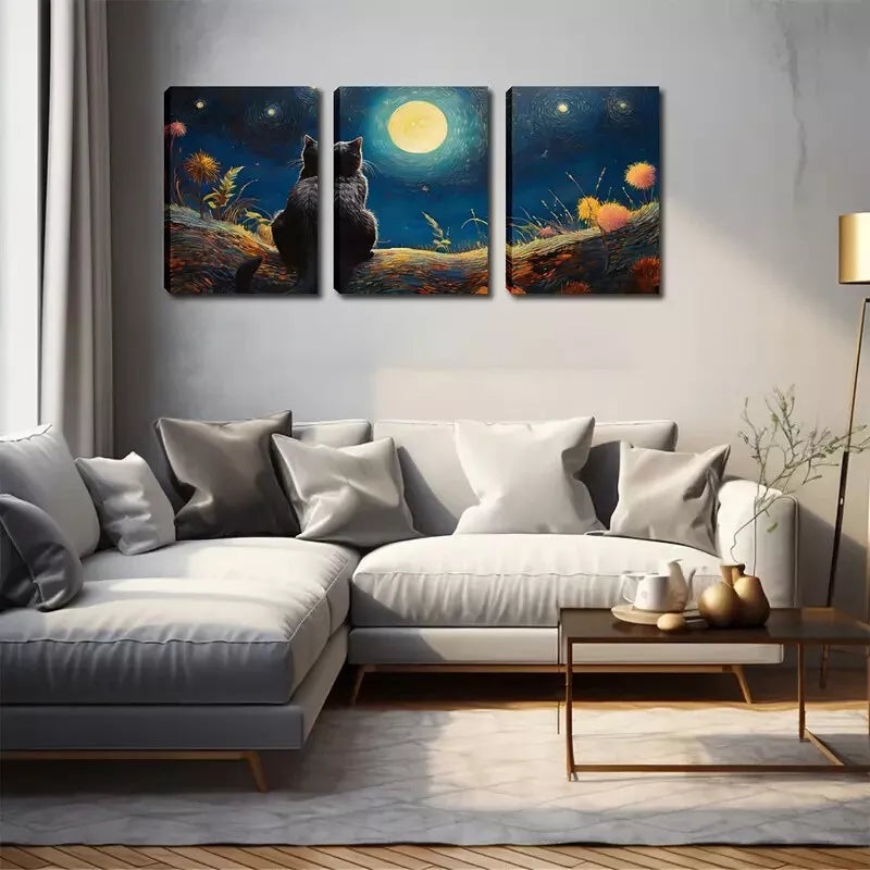 3pcs   Under The Moon, A Black Cat Wall Art Set Canvas Framed 40x60cm - High Quality Print 100% Australian Made Wall Canvas Ready to Hang