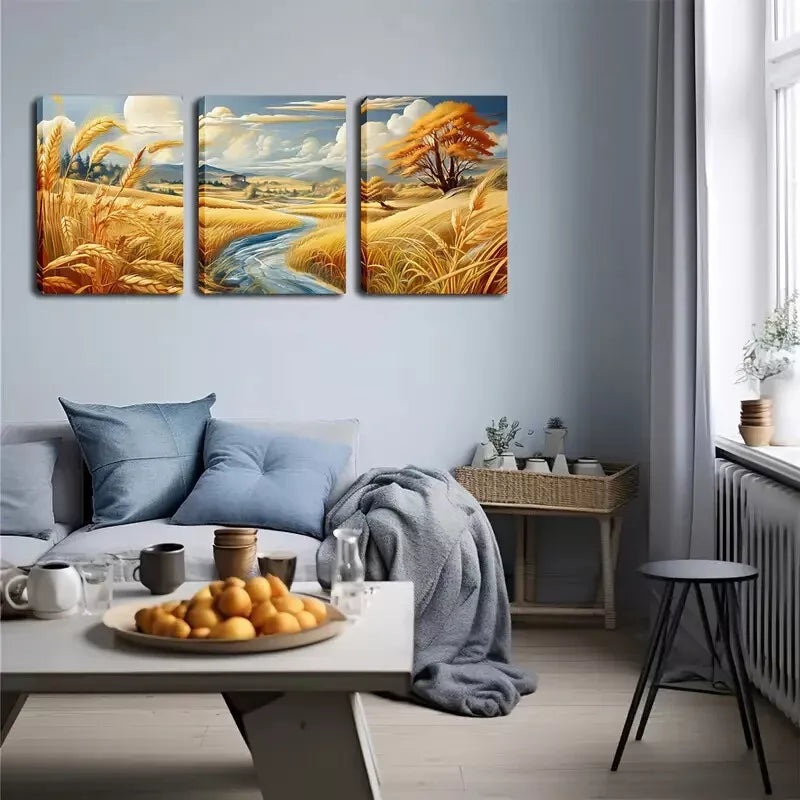 3pcs  Vibrant Countryside Stream & Golden Wheat Wall Art Set Canvas Framed 40x60cm - High Quality Print 100% Australian Made Wall Canvas Ready to Hang